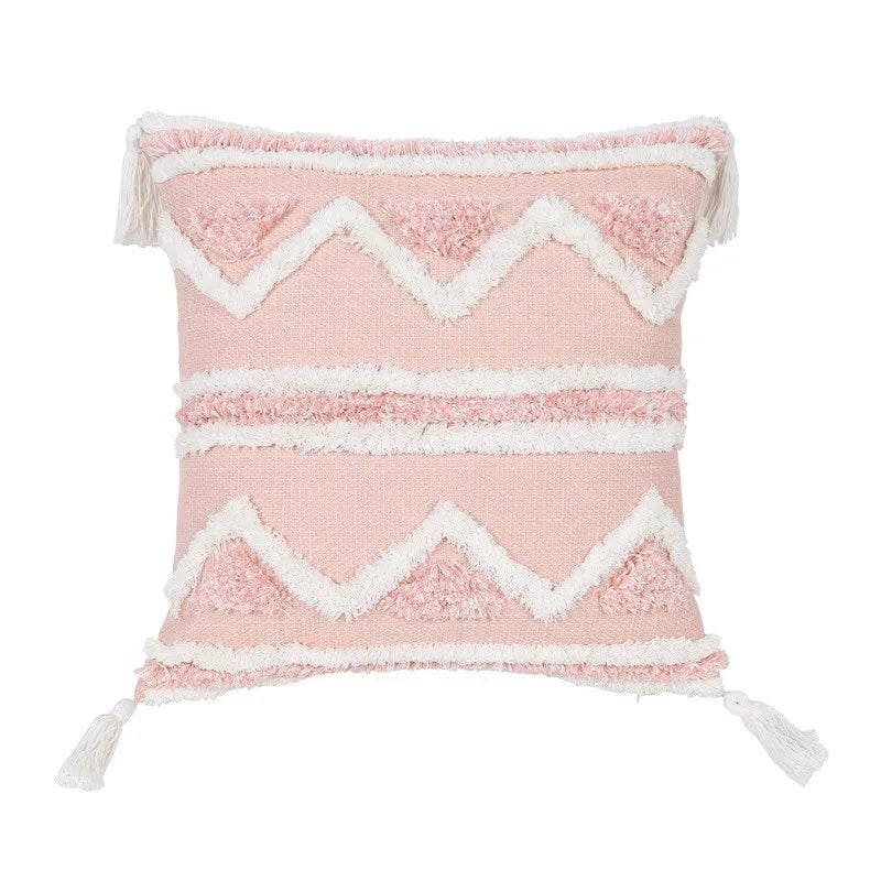 Bohemian Pink Geometric Tassel Throw Pillow Cover for Living Room Sofa by Axyaa