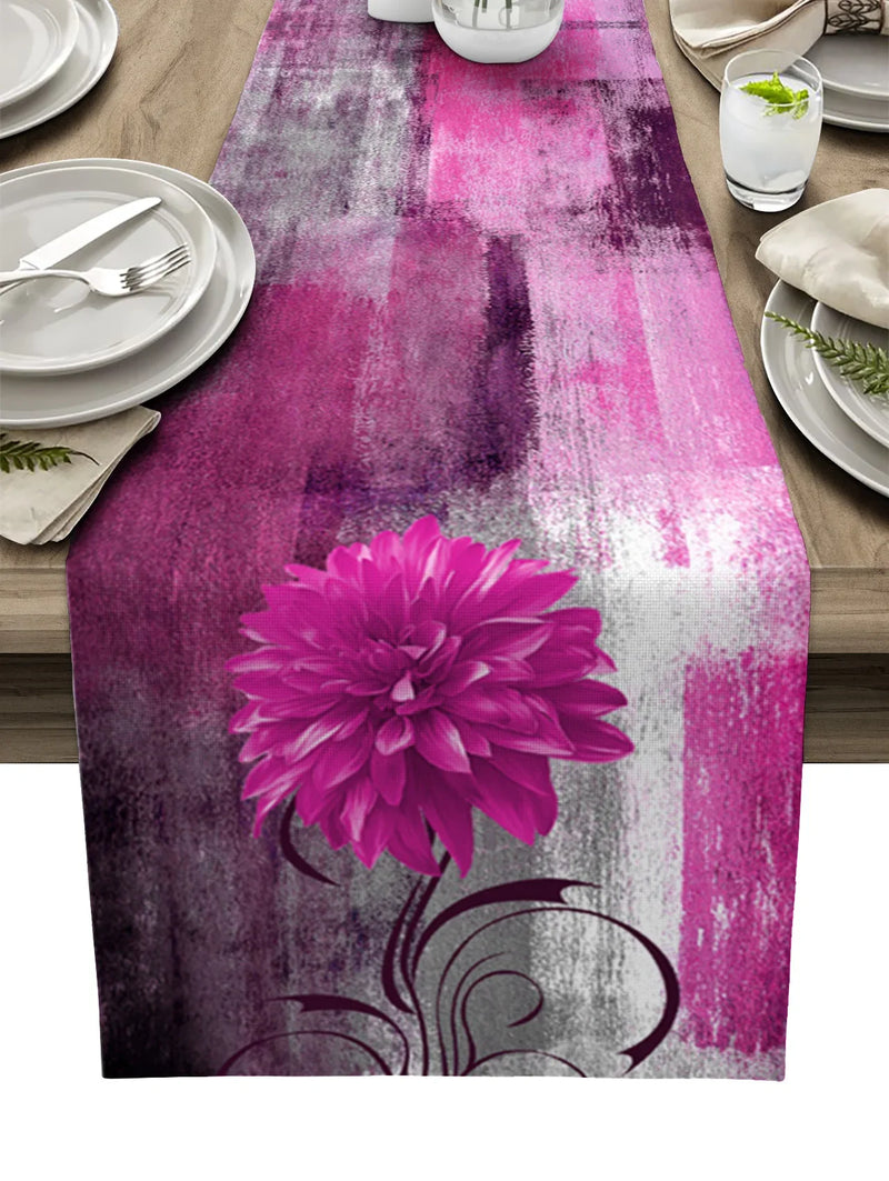 Axyaa Blue Dahlia Oil Painting Table Runner - Home Dinner Table Decor
