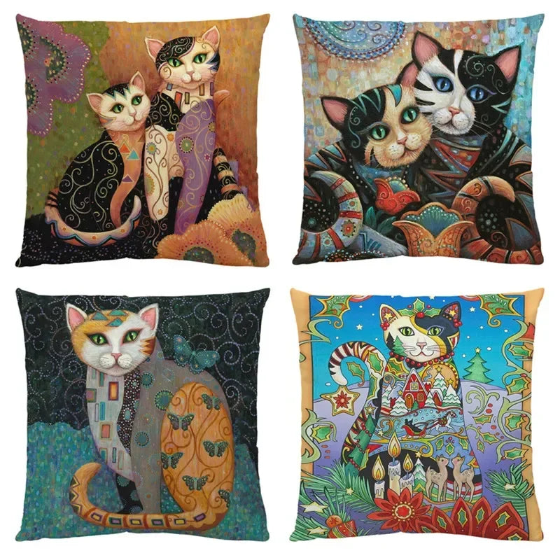 Axyaa Cat Print Linen Pillowcase 45x45cm Home Decor Cushion Cover