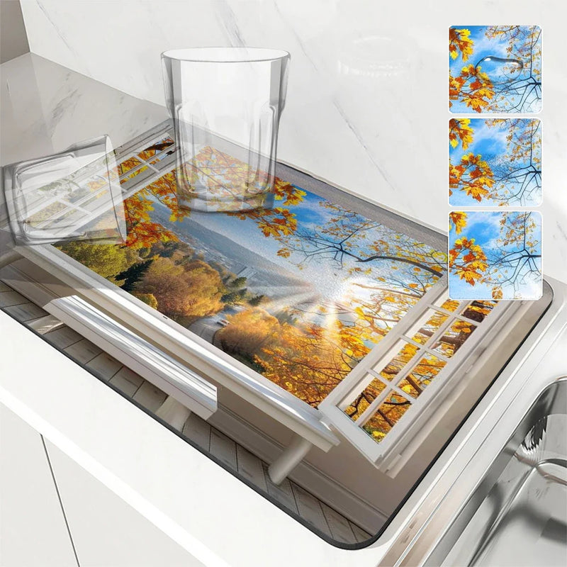 Axyaa Autumn Scenery Coffee Mat | Absorbent Rubber Backed Drying Mat