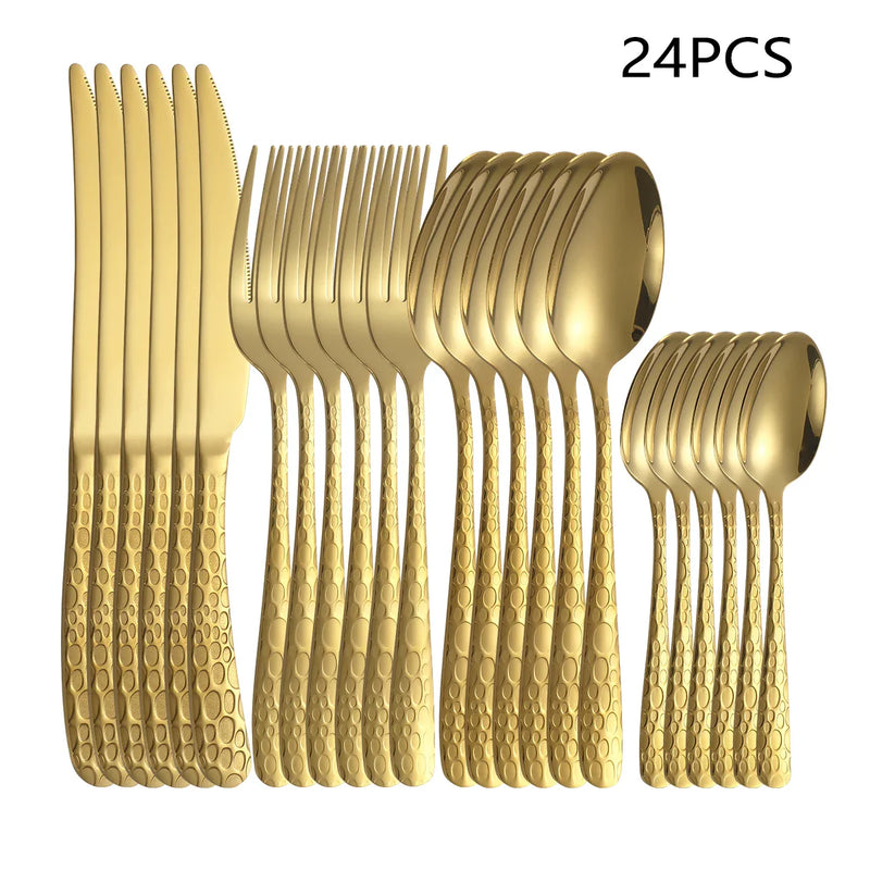 Axyaa Gold Stainless Steel Western Tableware Set: Knife, Fork, Spoon - 24pcs