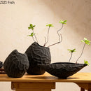 Axyaa Ceramic Floral Vase Porcelain Decoration Crafts Black Relief Modern Decor