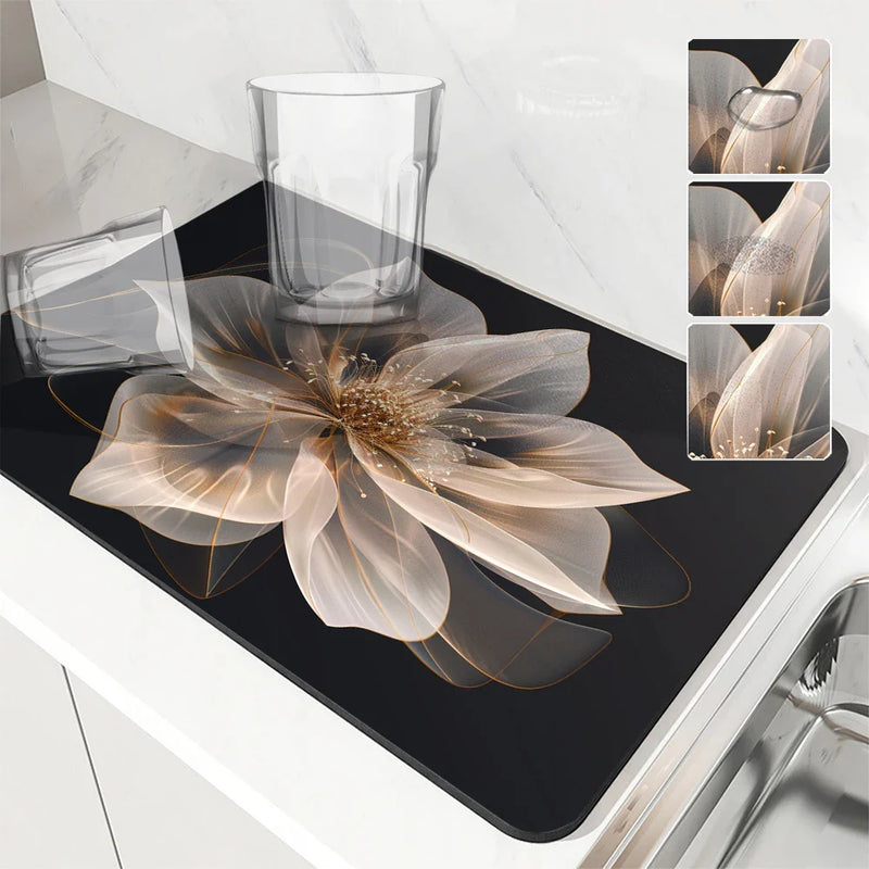 Floral Lines Translucent Flowers Non-Slip Drying Mat for Kitchen Counter by Axyaa