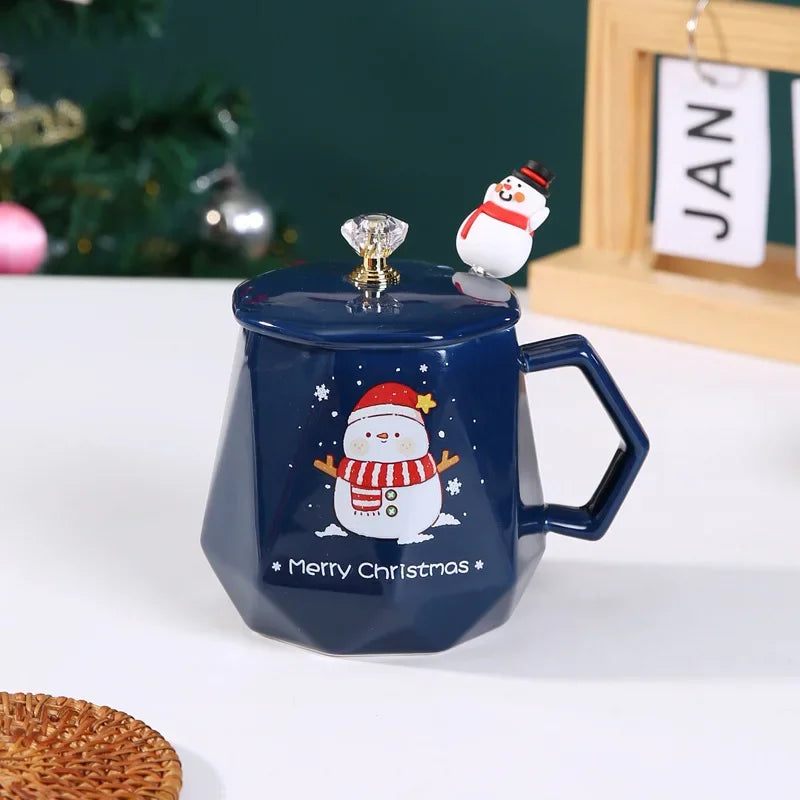 Axyaa Christmas Ceramic Mug Set with Lid and Spoon - Festive Xmas Gift Cup