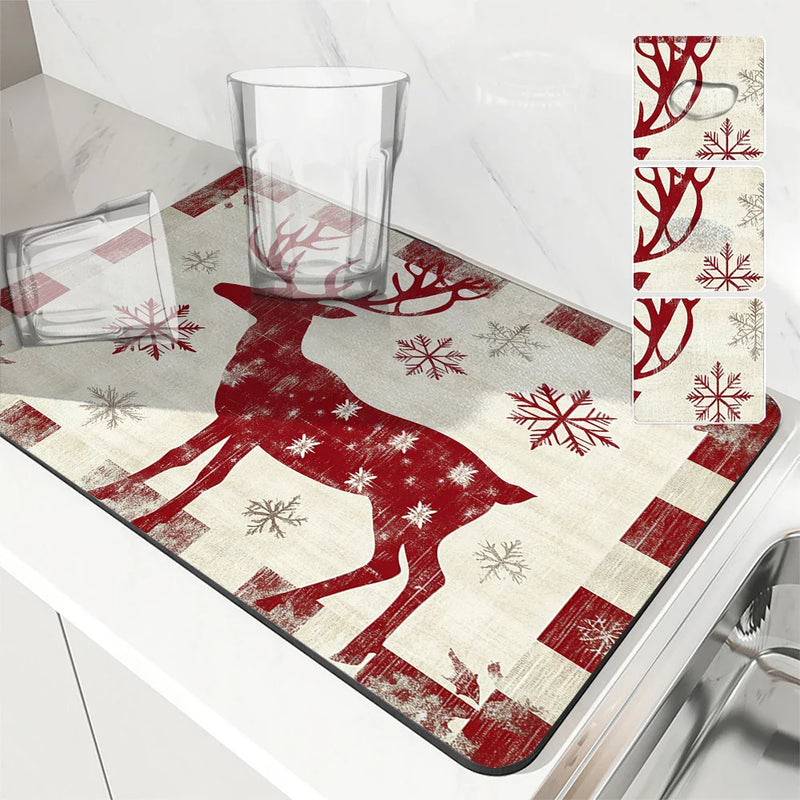 Axyaa Christmas Snowflake Dish Mat: Absorbent, Anti-slip, Quick Dry, Draining Mat