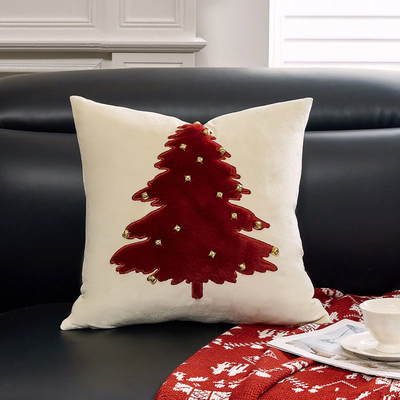 Axyaa Christmas Tree Bell Cushion Cover - Green Red Snowflakes, Pompom Balls Embroidery