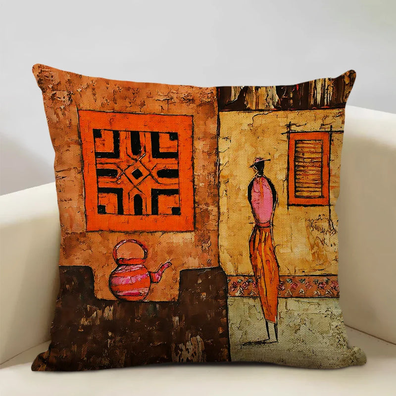 Axyaa African National Style Oil Painting Cushion Cover for Living Room Sofa Art