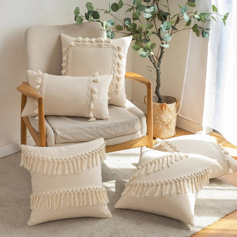 Axyaa Beige Cotton Weave Fringed Cushion Cover for Home Decor