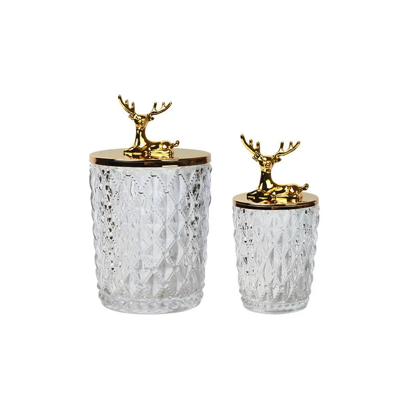 Axya Deer Glass Storage Jar: Gold, Crystal Clear, Desktop Organizer