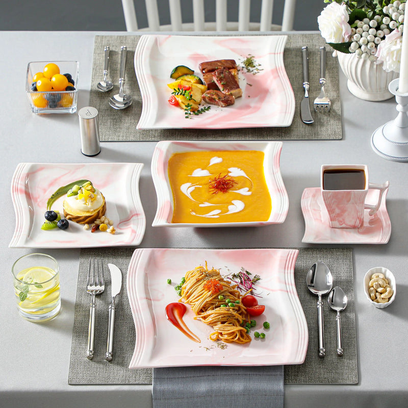 Axya Flora 30-Piece Marble Pink Porcelain Dinnerware Set - Two Color Options