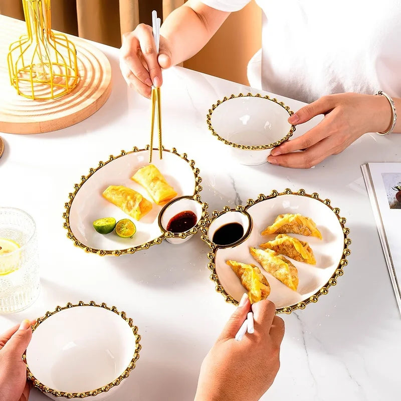 Axya Phnom Penh Beads Ceramic Snack Plate and Porcelain Rice Bowl Set
