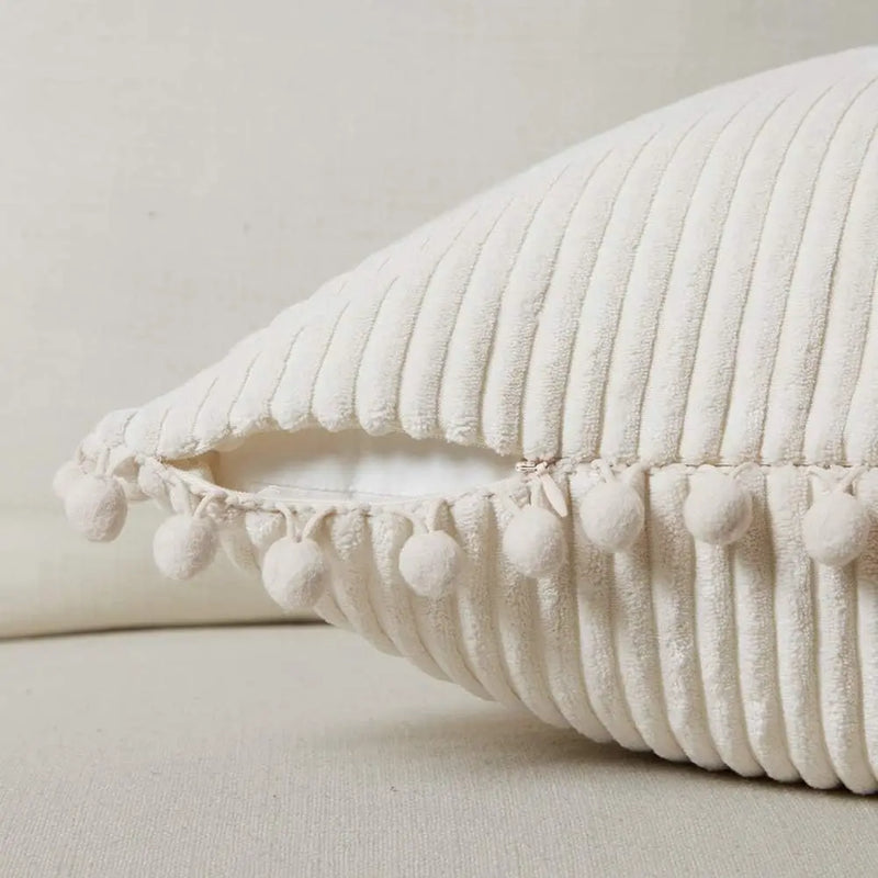 Lumbar Corduroy Boho Cushion Cover with Pom Pom Detail by Axyaa