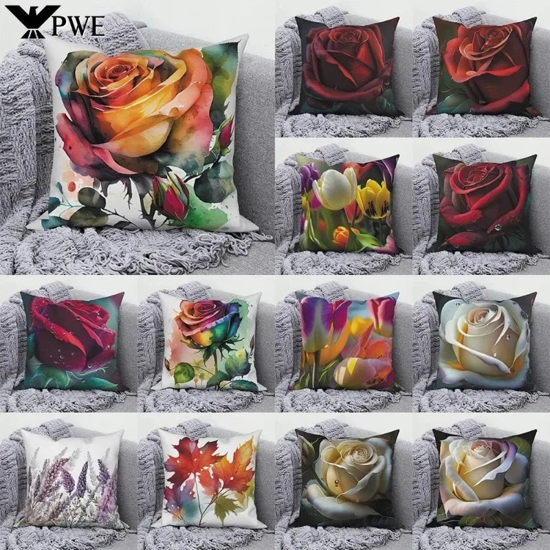 Axyaa Rose Flower Print Square Cushion Cover Pillowcase