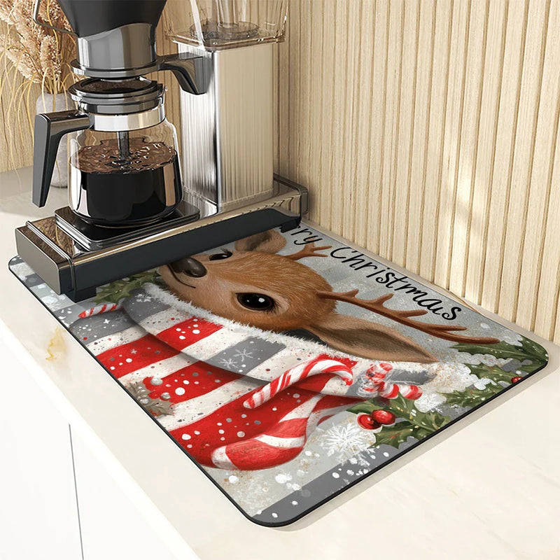 Christmas Deer Socks Berries Non-Slip Drying Mat by Axyaa Kitchen Counter Placemat