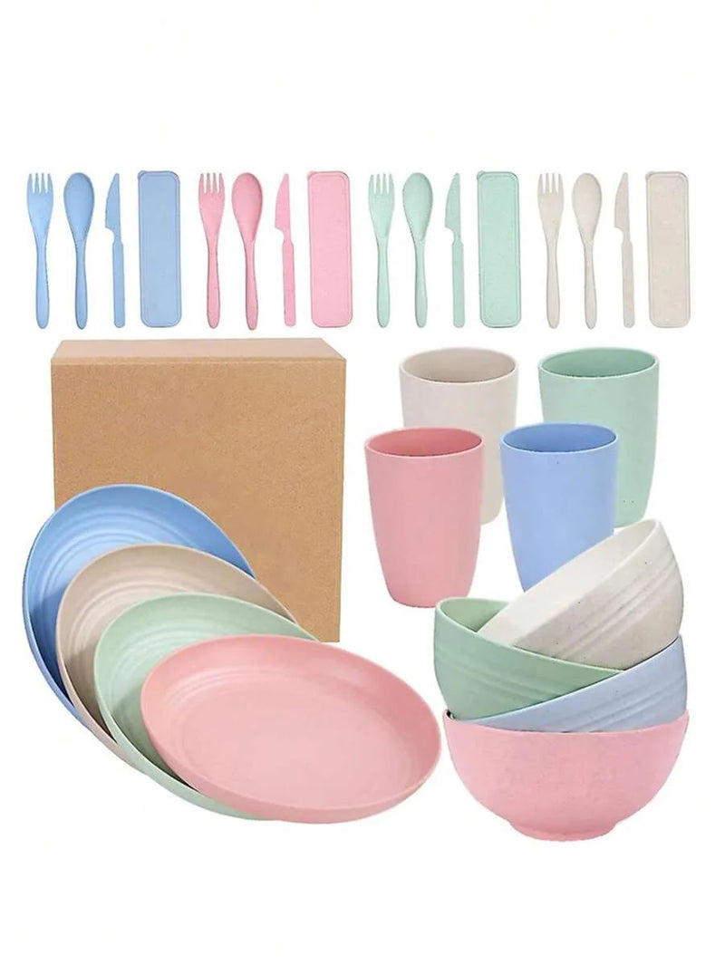 Axyaa 28pcs Plastic Tableware Set: Plate, Bowl, Cup, Cutlery - Reusable for Home, Hotel, Party