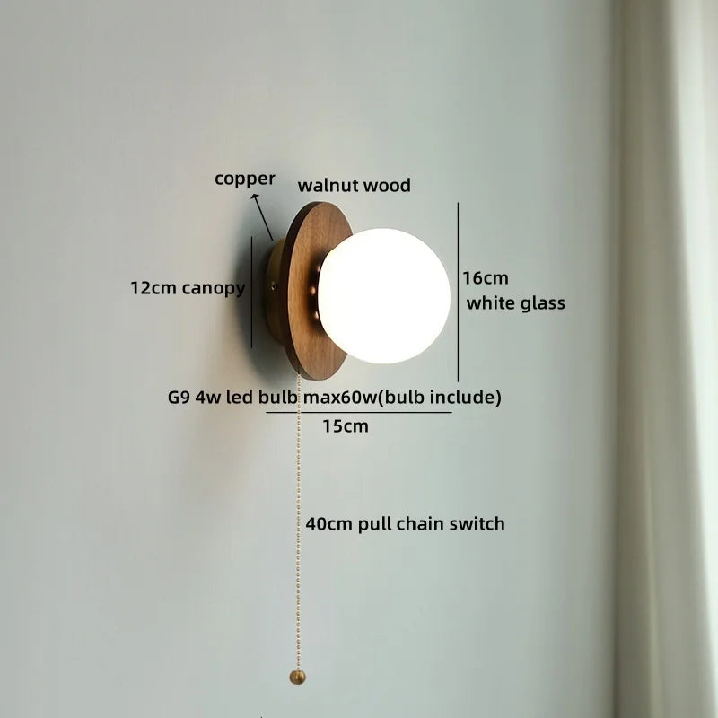 Axyaa White Glass Ball LED Wall Lamps With Switch - Modern Wooden Stair Light Fixtures.
