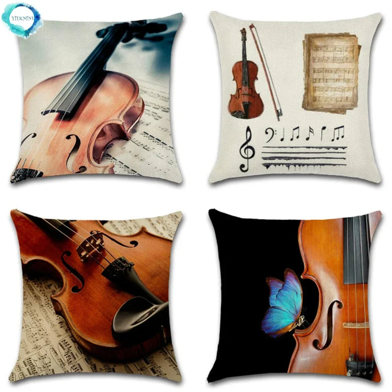 Axyaa Violin Print Decorative Square Pillowcase Cotton Linen Cover