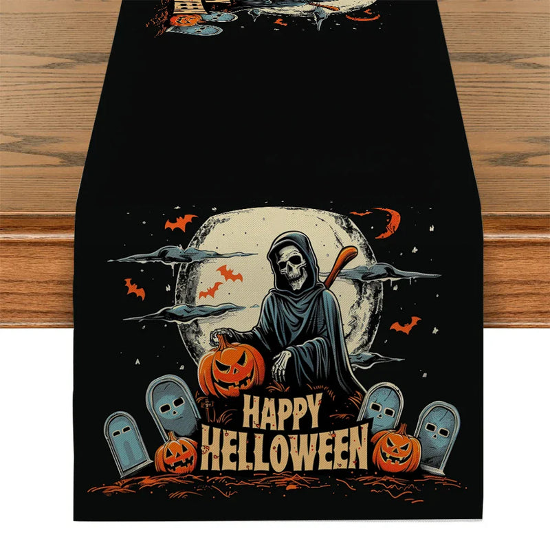 Axyaa Halloween Pumpkin Head Castle Skull Table Runner Farmhouse Kitchen Decor