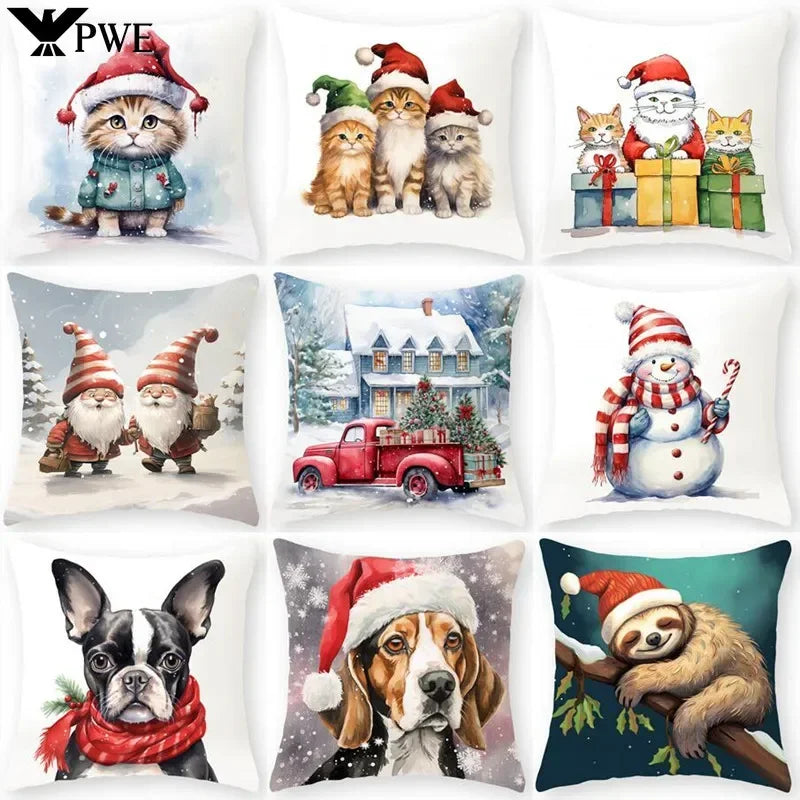 Christmas Cartoon Animal Printed Pillowcase by Axyaa: Decorative Throw Cover for Sofa, Living Room, Cushion