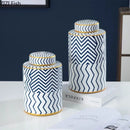 Axyaa Geometric Stripe Ceramic Storage Jar with Lid Porcelain Vase Modern Decor