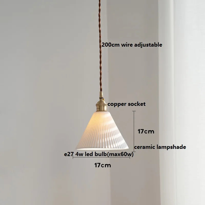 Axyaa White Ceramic LED Pendant Light with Wood Handle - Bedroom Living Room Lamp