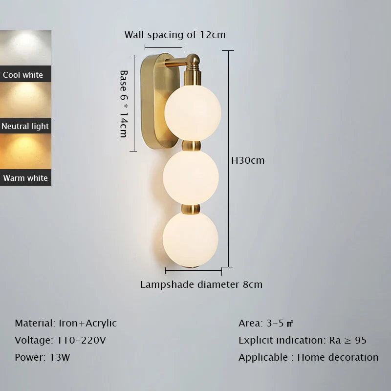 Axyaa White Acrylic Ball Wall Light: Trichromatic Changeable & Gold Metal Finish