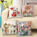 Axyaa Cartoon Kitty Cat Linen Pillowcase for Bed, Couch, and Sofa Décor