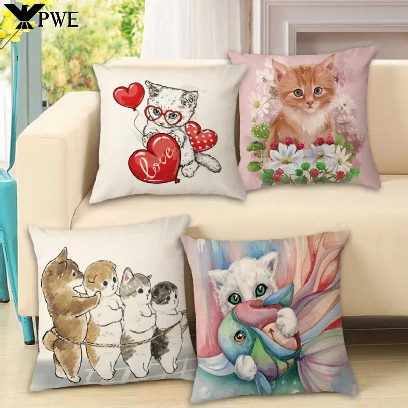 Axyaa Cartoon Kitty Cat Linen Pillowcase for Bed, Couch, and Sofa Décor