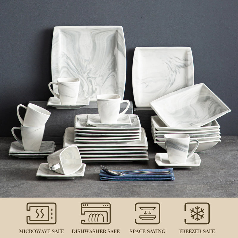 Axya Blance Marble Grey Porcelain Tableware Set for 12