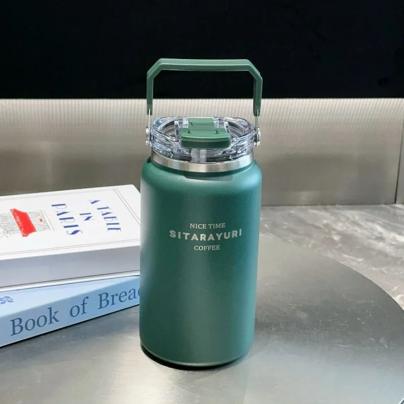 Axyaa Stainless Steel Vacuum Flask Insulated Cup with Handle, Straw, Cold&Hot Thermos Mug.