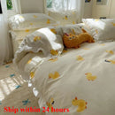 Axyaa Pastoral Garden Flower Leaf Duvet Cover Set - Queen Size, 4Pcs Luxury Washed Cotton Bedding