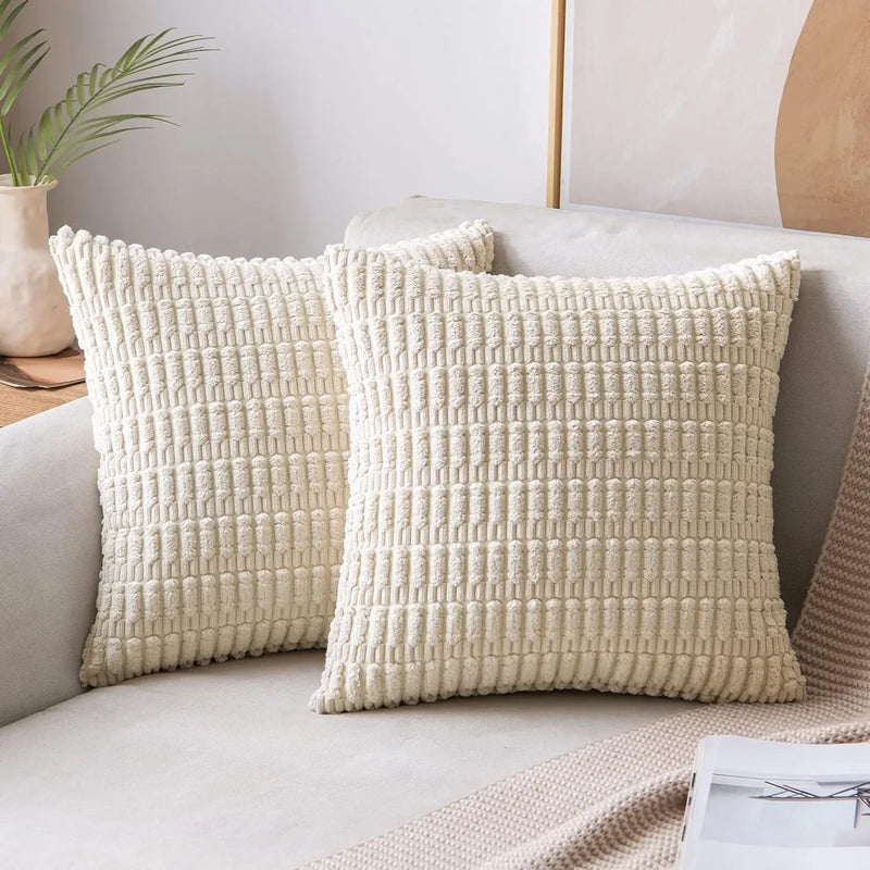 Axyaa Beige & White Corduroy Striped Pillow Cover Set - Modern Home Decor