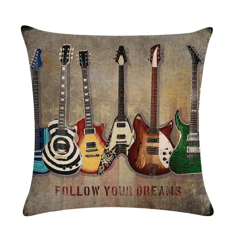 Axyaa Rock Guitar Pattern Throw Pillow Cover: Cotton Linen Cushion for Home Sofa