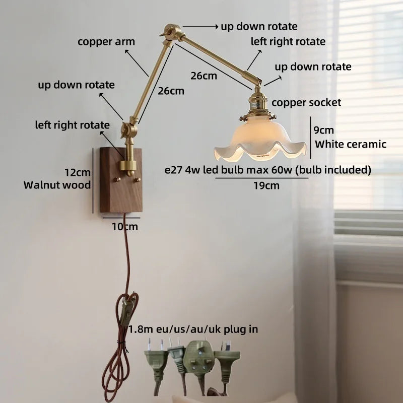 Axyaa Nordic LED Wall Light White Umbrella Style Swing Arm Modern Bedside Lamp
