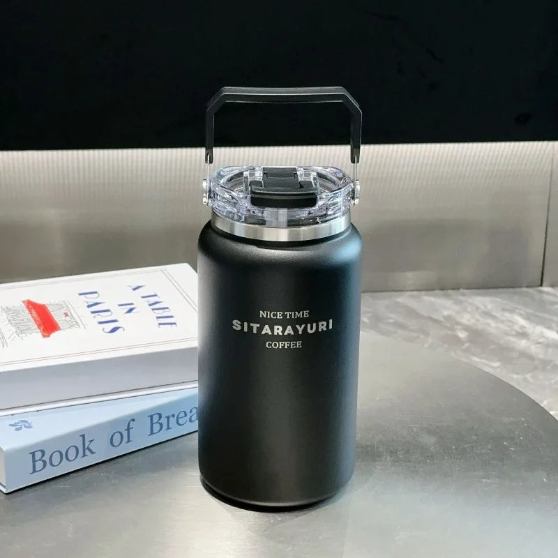 Axyaa Stainless Steel Vacuum Flask Insulated Cup with Handle, Straw, Cold&Hot Thermos Mug.