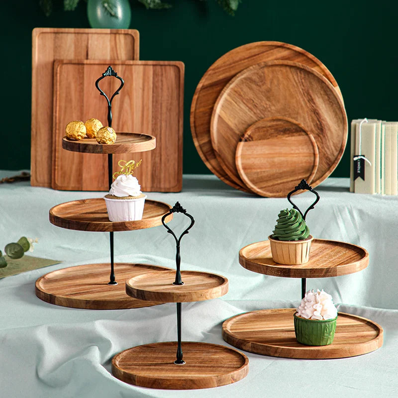 Axya Wooden Cake Pan High Foot Dessert Plate Display Stand Tray Sum Bread Fruit Cake Glass Cover