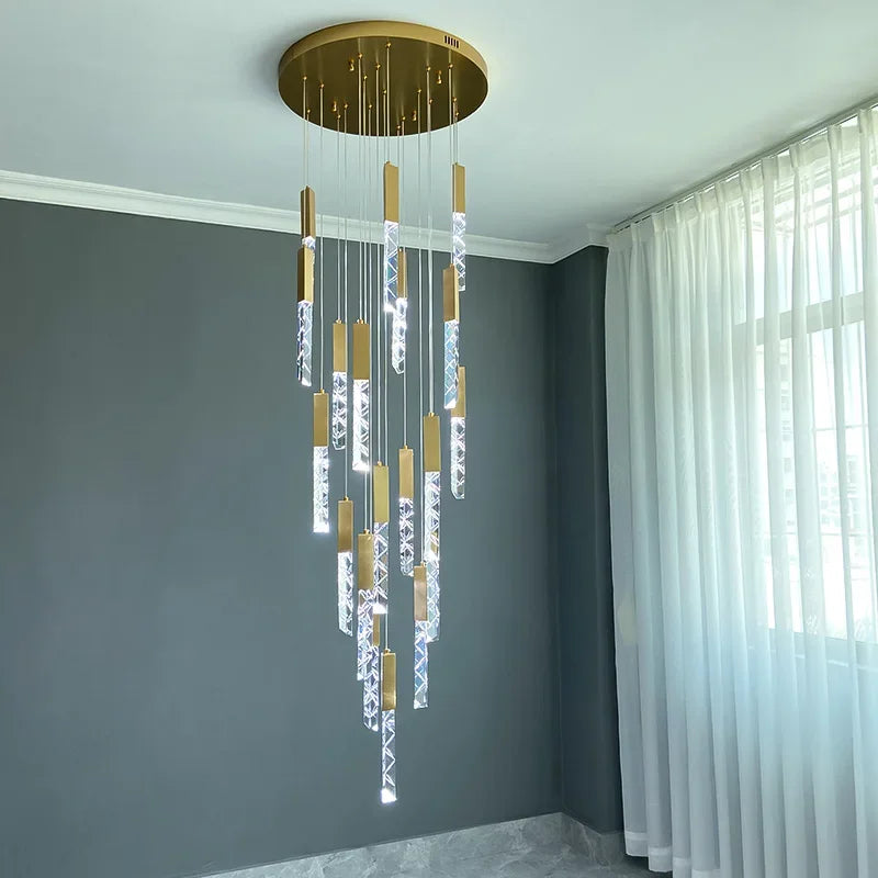 Axyaa Modern Luxury Pendant Lamp, K9 Crystal Gold Chandelier for Loft and Duplex Staircase