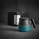 Axyaa Ceramic Tea Mug with Strainer, Lid & Wooden Handle - Unique Gift for Dad