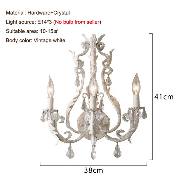 Axyaa French Retro Iron Crystal Wall Lamp with 3 Heads for Rural Living Spaces