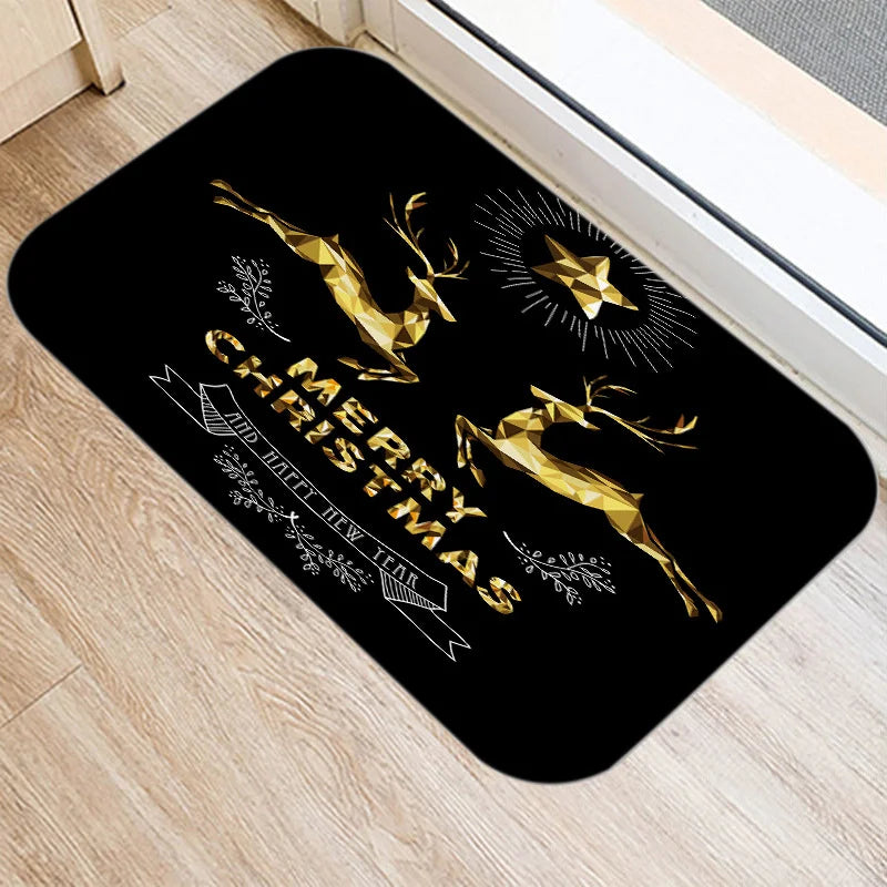 Axyaa Merry & Happy Year Door Mat: Golden Black Letter Print, Non-Slip Floor