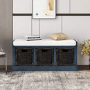 Rustic Shoe Bench with 3 Baskets, Cushion, and Cabinet by Axyaa
