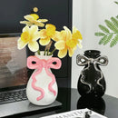 Axyaa Ribbon Bow Ceramic Vase: Charming Floral Arrangement Accessory for Home Decoration