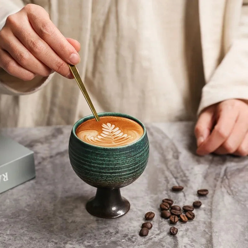 Axyaa Ceramic Coffee Cup Set with Spoon, Coarse Pottery Goblet for Home Decor