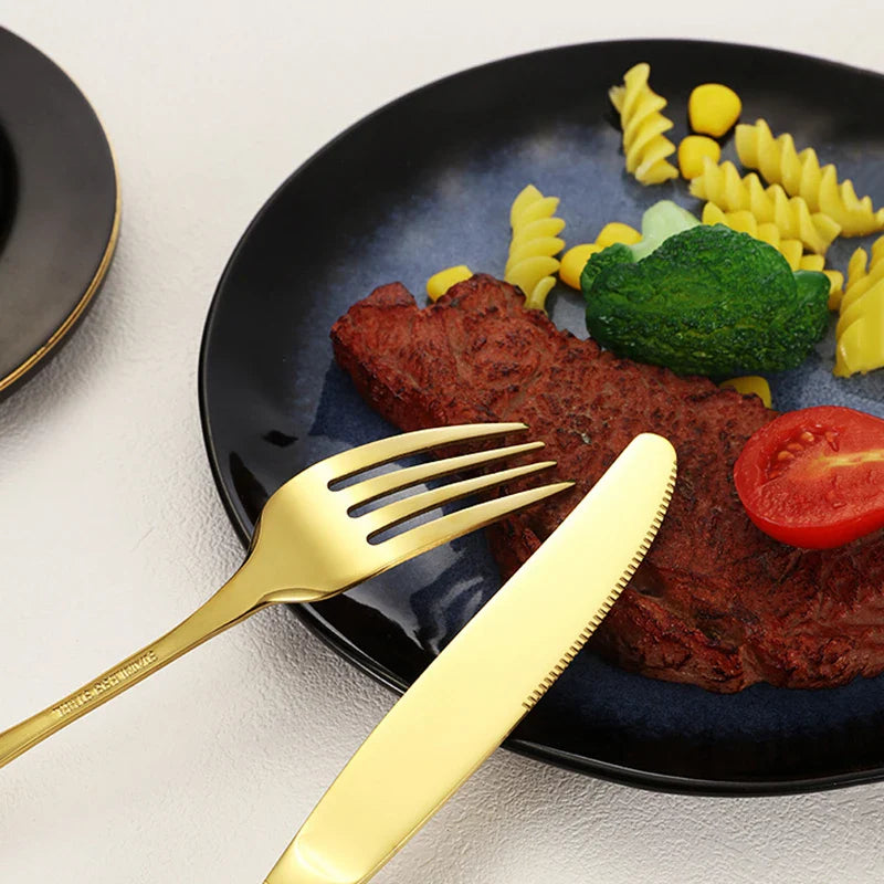 Axyaa Gold Embossed Stainless Steel Tableware Set, Steak Knife, Fork, Spoon, Dessert Fork