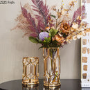Axyaa Modern Golden Metal Rack Glass Vase for Stylish Flower Arrangement