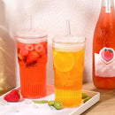 Axyaa Glass Cup with Lid & Straw, Transparent Stripe Mug for Milk Coffee Juice Tea