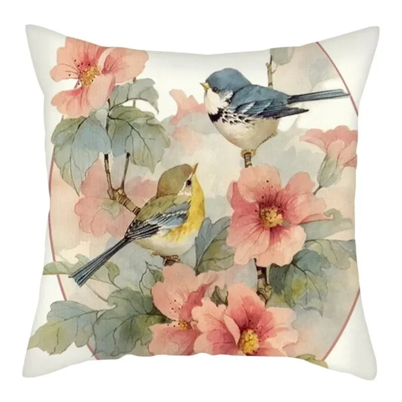 Axyaa Bird and Flower Printed Pillow Cover 45x45cm for Home Sofa Decor