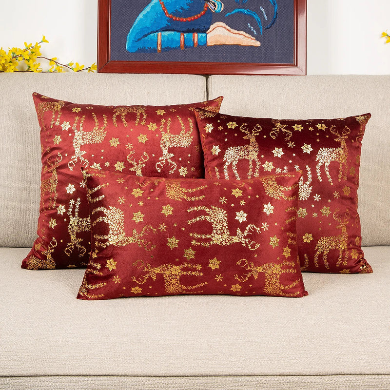 Axyaa Christmas Deer Snowflake Velvet Pillow Cover in Red Green, 30x50cm 45x45cm 50x50cm