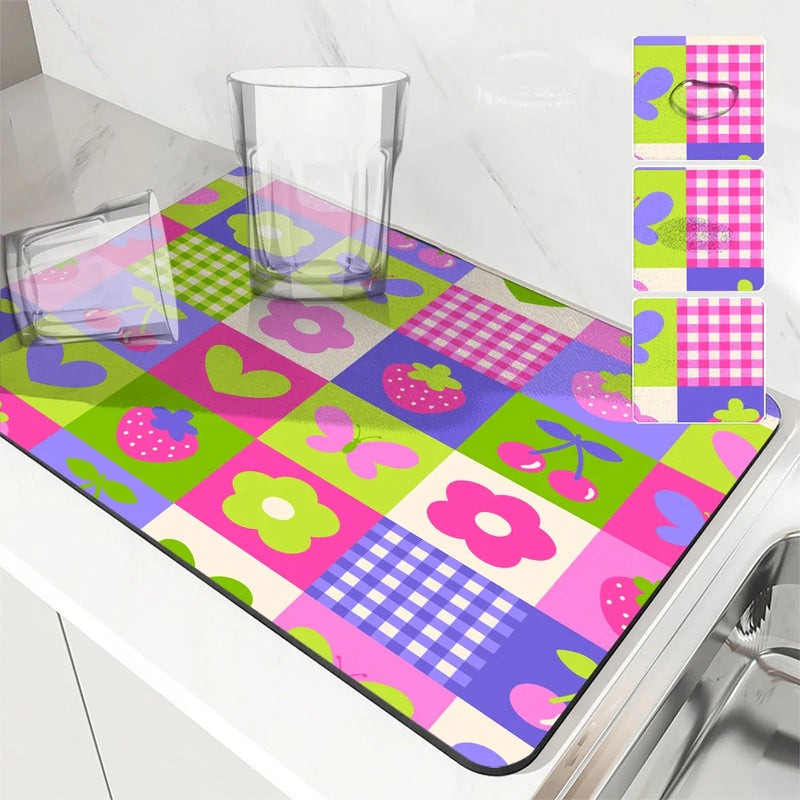 Axyaa Coffee Mat: Quick Dry Kitchen Drying Mat for Draining, Flowers Fruits Design