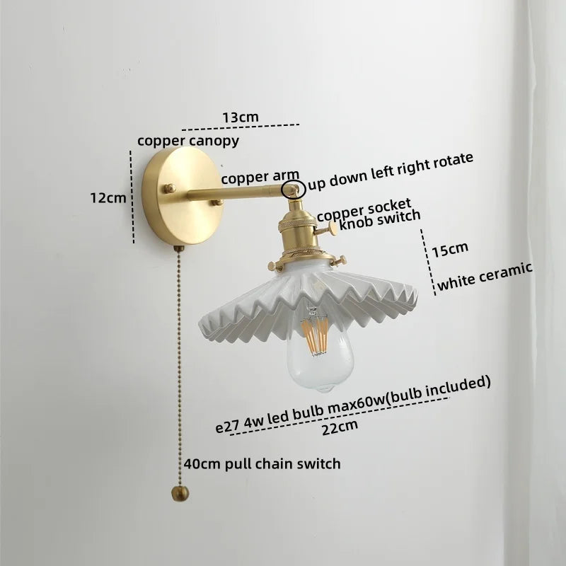 Axyaa Modern Copper Glass LED Wall Sconce Pull Chain Switch Stair Light Fixtures